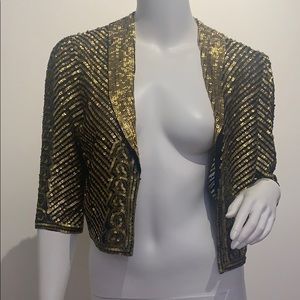 BCBG Max Azria open sheer vest with gold sequins